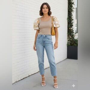 Anthropologie NWT Current Air Puff Sleeve Knit Top Floral Linen Sleeves|Size S